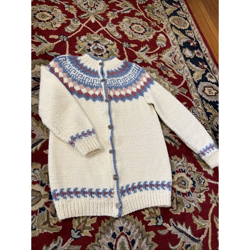 Women's M Ivory Hand Knit Fair Isle Scandinavian Cardigan Sweater Acrylic Wool - Picture 3 of 14